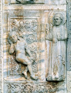 Het verhaal van Adam en Eva, van de zuidkant van de westelijke portiek, c.1120-38 (detail)